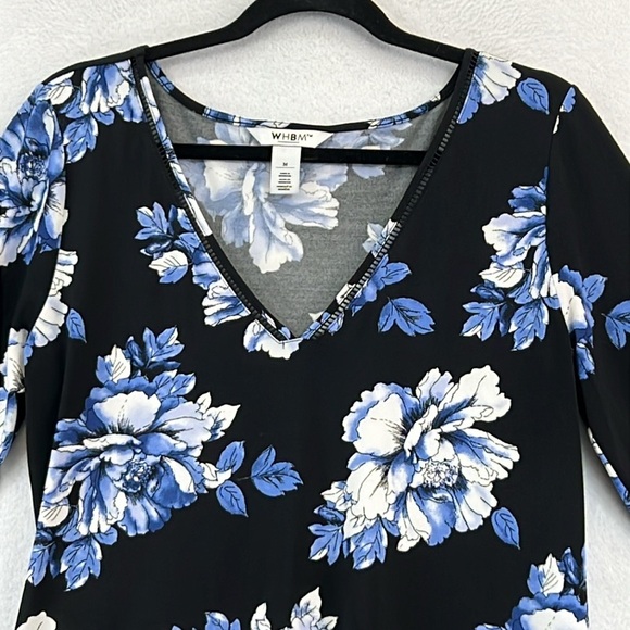 WHBM Knit Dress Sz M Black/Blue V-Neck 3/4 Sleeves Flared Hem Flounce Like New - Picture 3 of 11